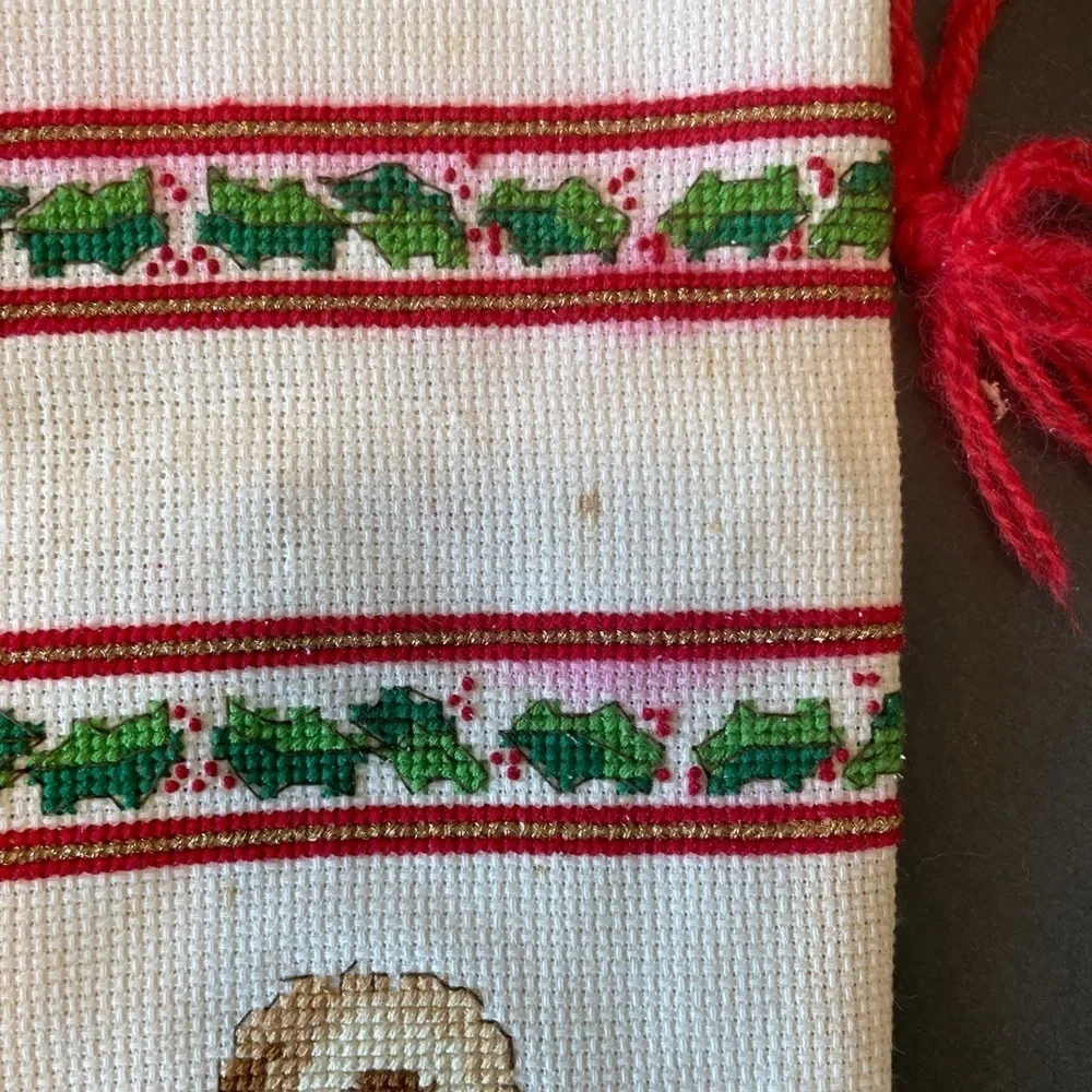 Cross Stitch Hand Made Teddy Bear Angel Christmas Stocking